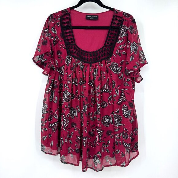Lane Bryant Boho Chiffon Blouse Womens Plus Size 10/12 Square Neck Short Sleeves - Picture 1 of 11